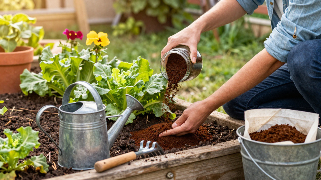 Pessoa derramando composto orgânico no canteiro elevado com flores, regador e ferramentas de jardinagem.