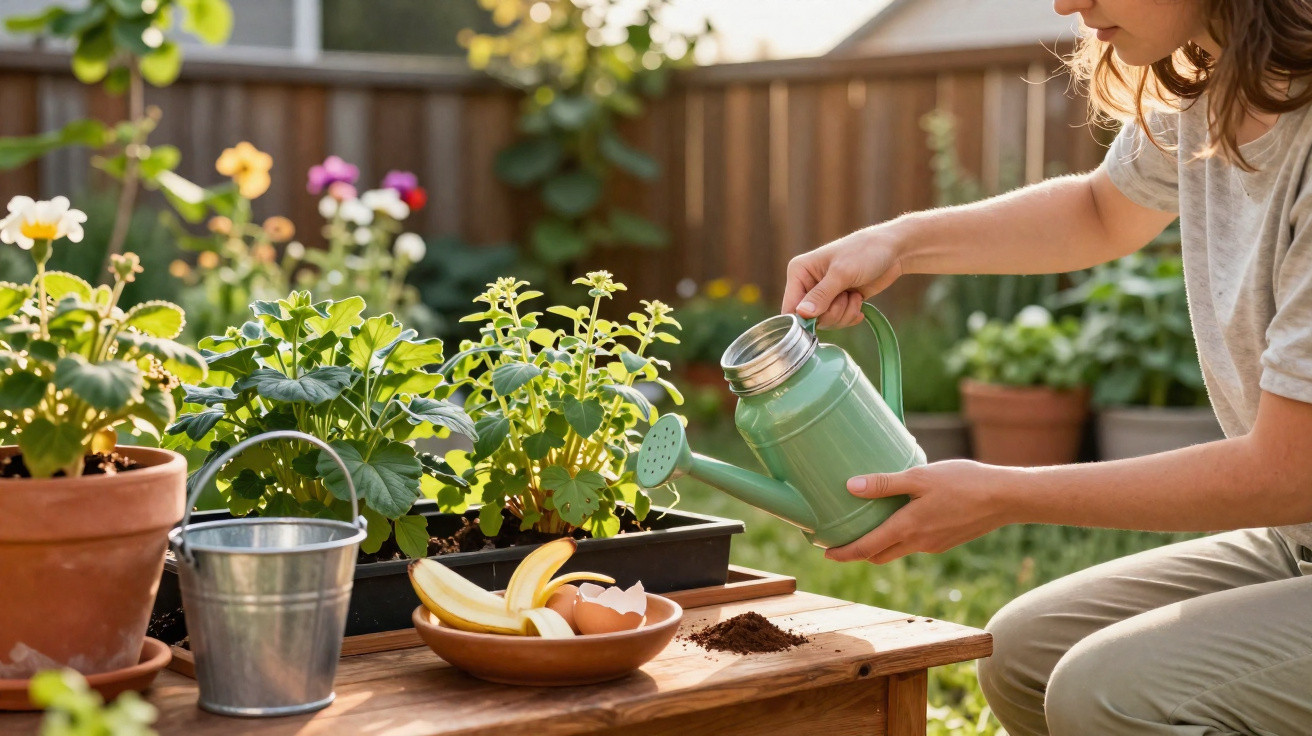 Pessoa regando plantas em vaso com regador verde em jardim ensolarado com materiais de compostagem ao lado.