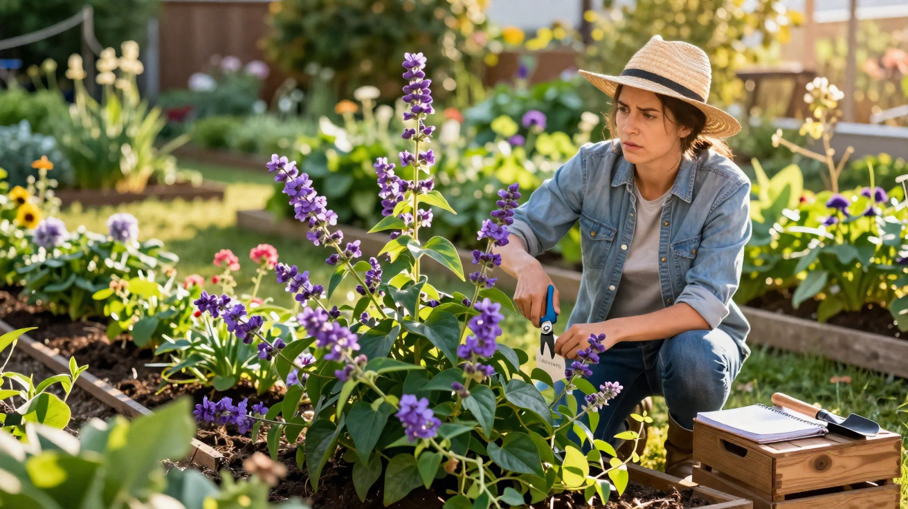 Mulher com chapéu cultivando flores roxas em jardim bem cuidado ao ar livre durante o dia.