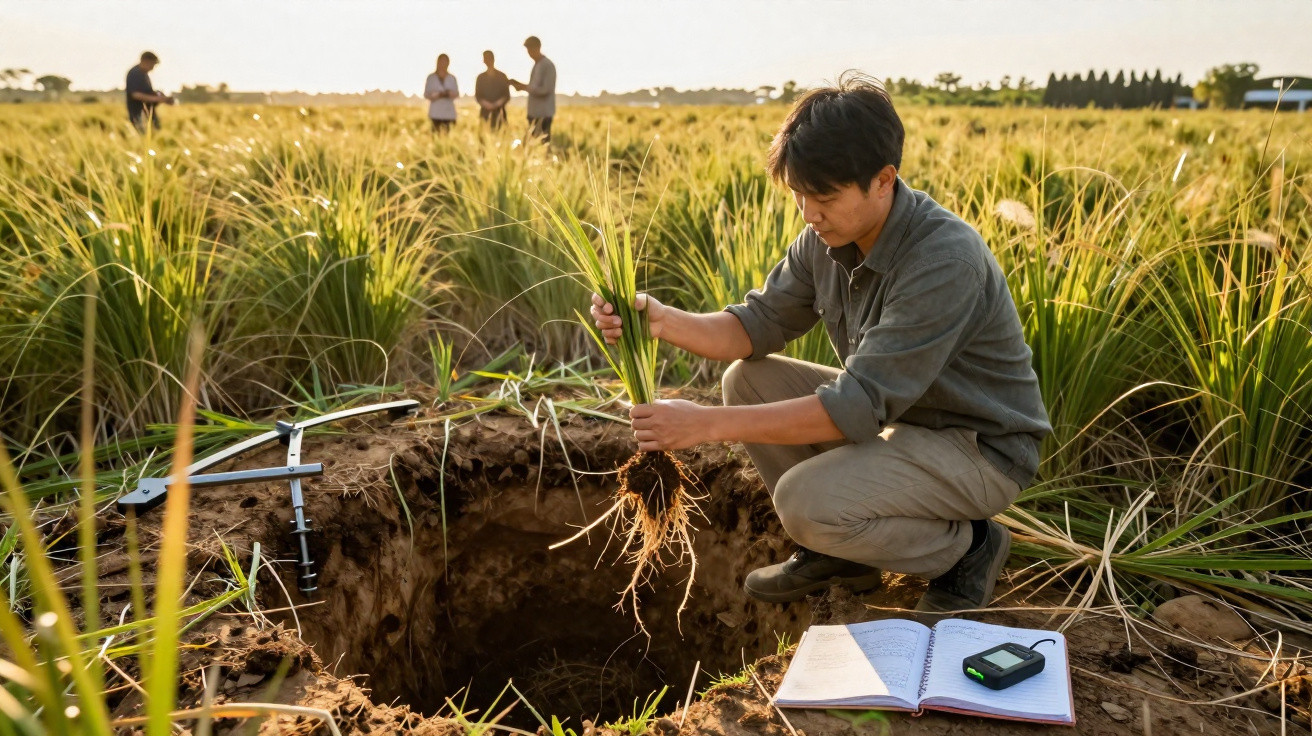 Homem examina planta com raízes em campo de cultivo, com grupo e caderno ao lado, ao pôr do sol.