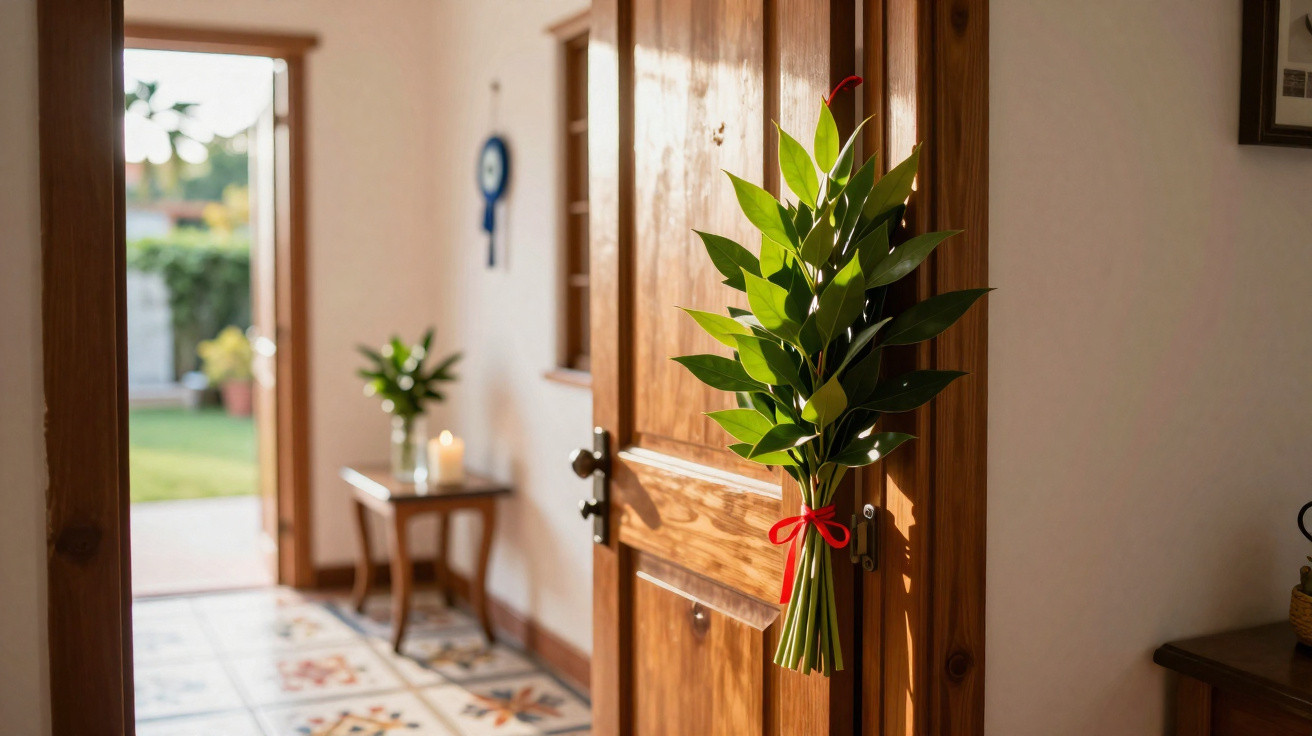 Buquê de folhas verdes decorando porta de madeira de casa com decoração rústica e luz natural.