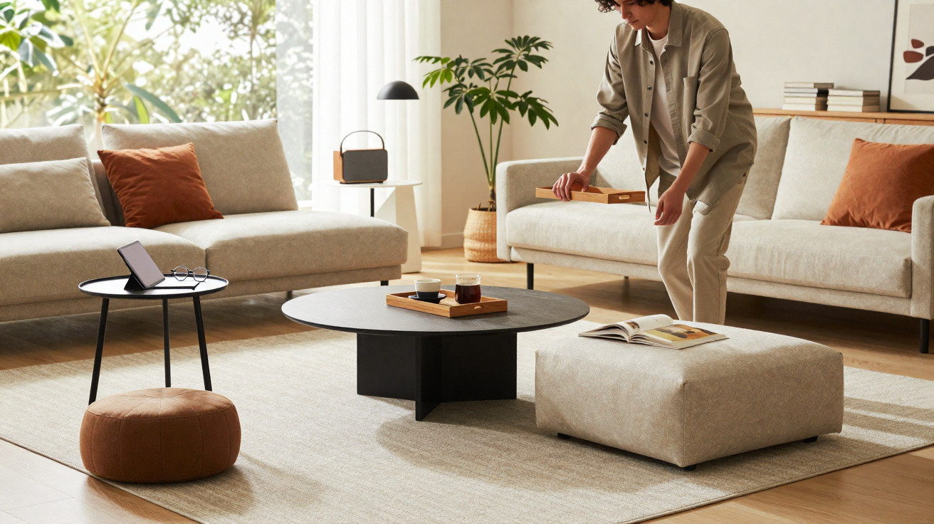 Pessoa ajustando recipiente em sala de estar com sofás bege, mesa de centro preta e decoração minimalista.