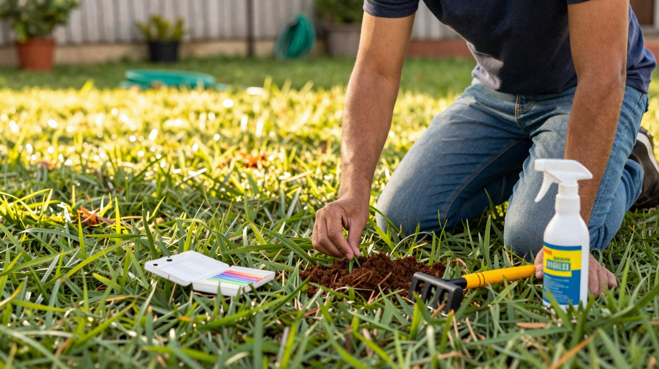 Pessoa agachada plantando mudas na grama com ferramentas e pulverizador ao lado em jardim.