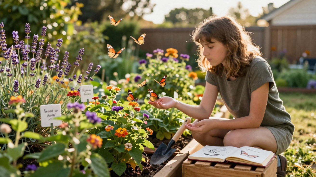 Menina sentada em jardim de flores, com borboletas pousando em sua mão e livro aberto com imagens de borboletas.