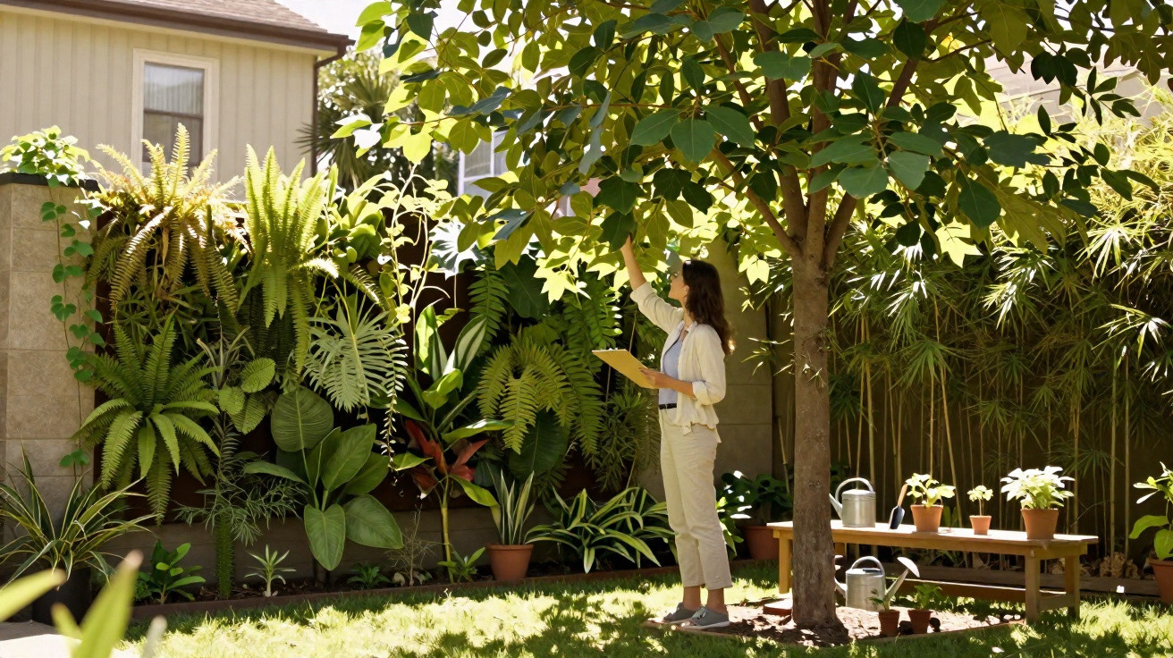 Mulher observando folhas de árvore em jardim com várias plantas em vasos e mesa de madeira ao fundo.