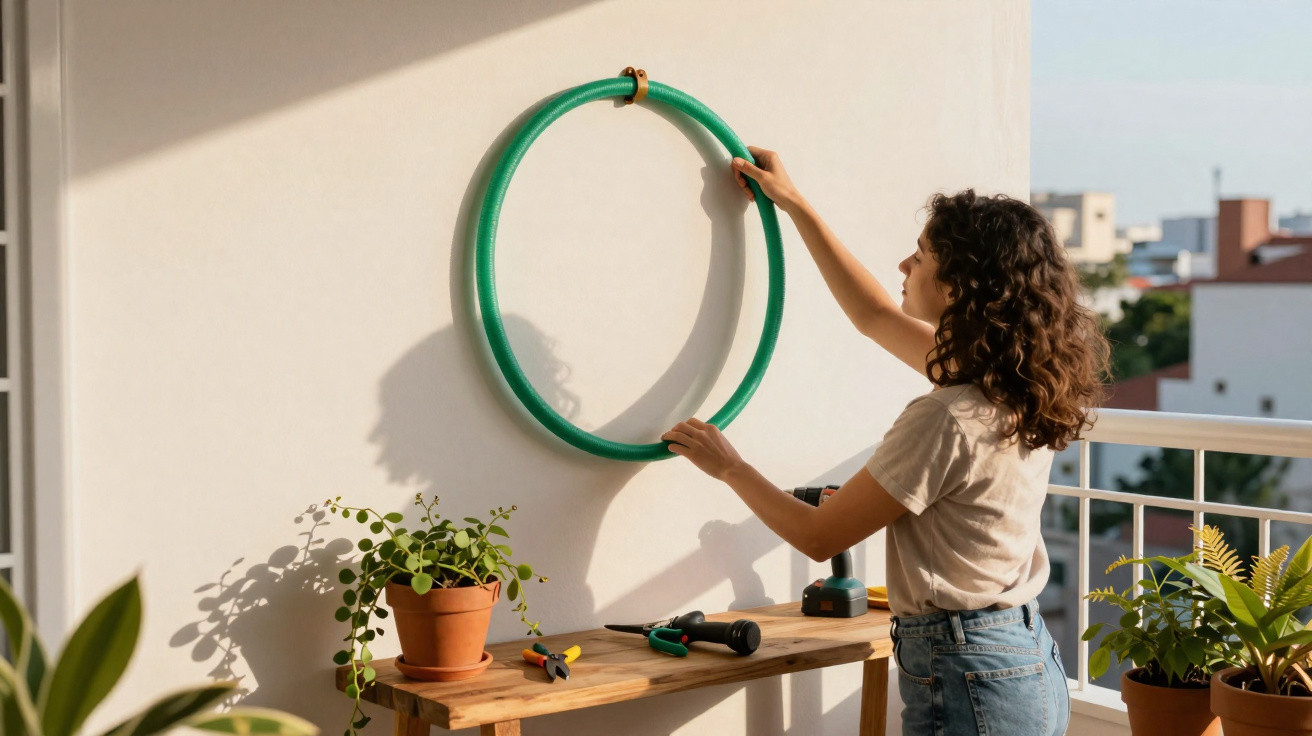 Mulher pendura suporte verde circular em parede externa, com mesa e plantas ao redor.