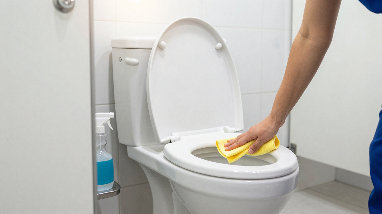 Pessoa limpando vaso sanitário branco com pano amarelo em banheiro branco e cinza.