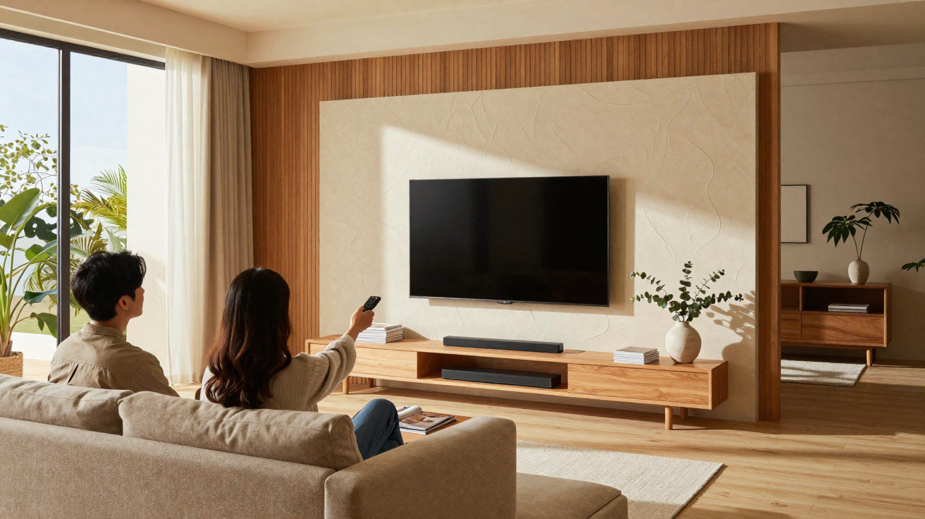 Casal sentado em sofá assistindo televisão em sala de estar moderna com decoração em madeira clara.