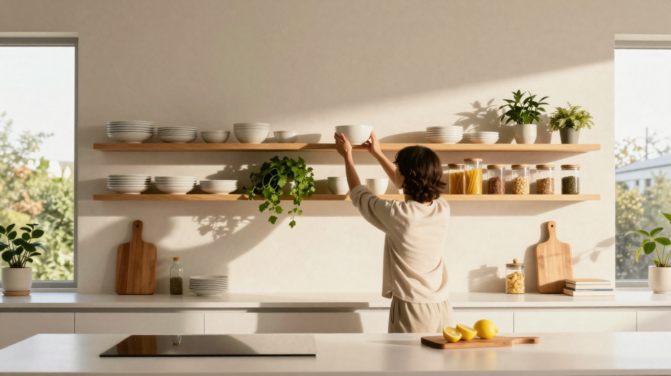 Pessoa arrumando tigela em prateleira da cozinha minimalista com plantas, potes de vidro e luz natural.