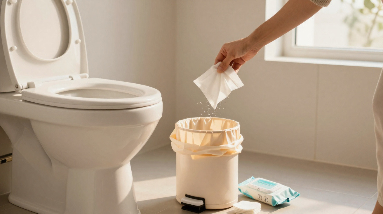 Pessoa descartando papel higiênico usado em lixeira pequena ao lado de vaso sanitário em banheiro iluminado.