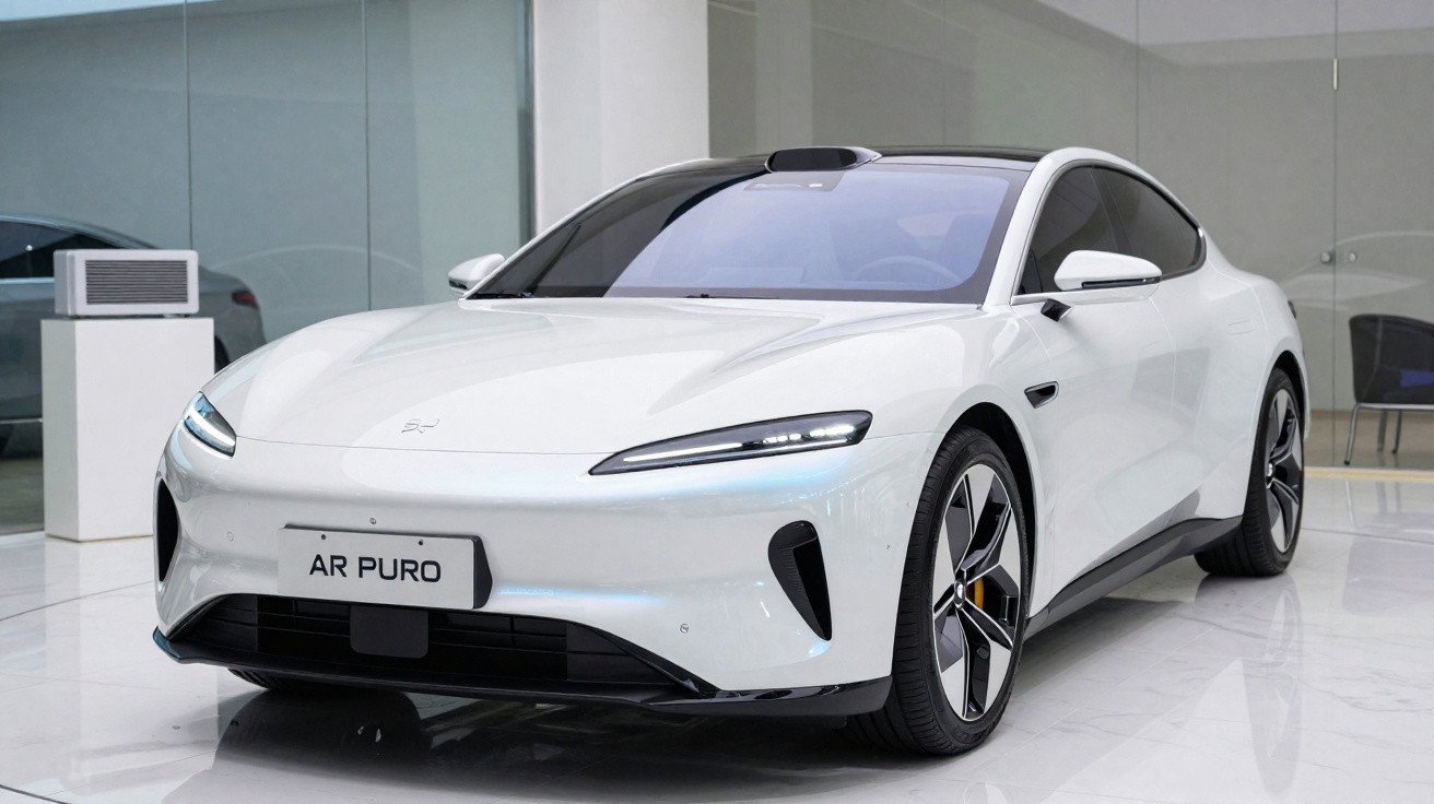 Carro elétrico branco moderno em exposição, com design aerodinâmico e faróis finos, placa escrita Ar Puro.