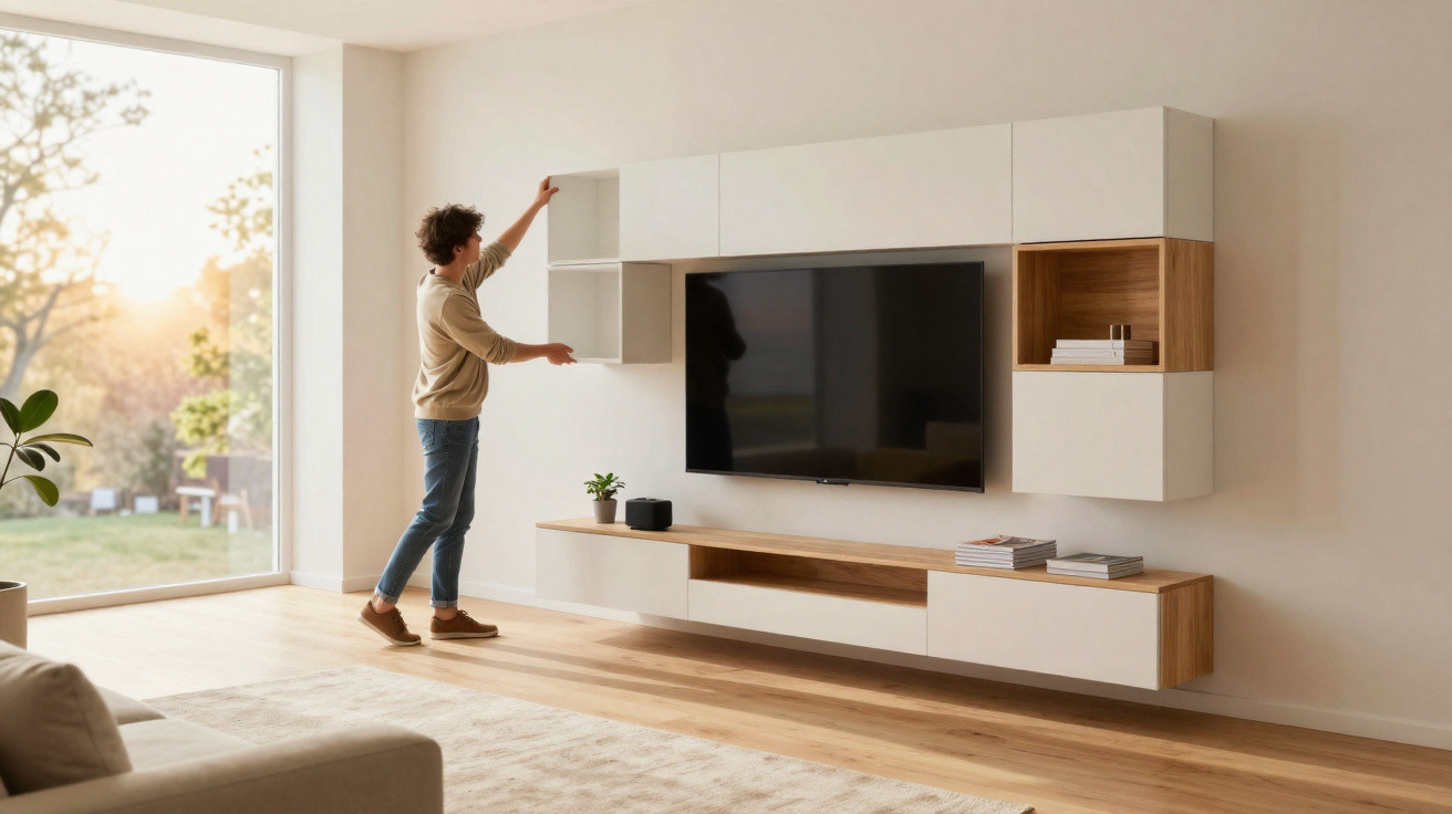 Homem ajusta prateleira em sala moderna com estante branca e madeira, TV na parede e janela grande ao lado.