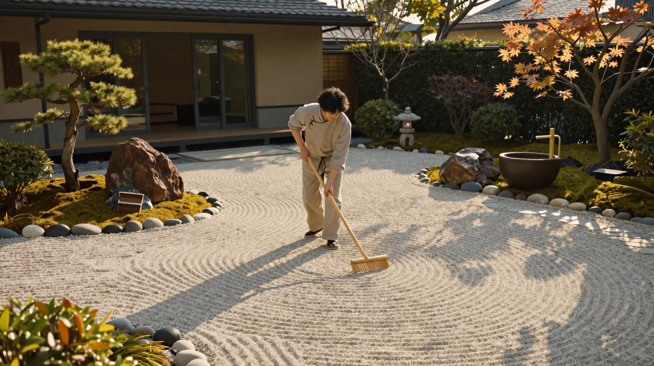 Pessoa fazendo padrões em um jardim zen com ancinho, cercado por plantas e pedras decorativas.