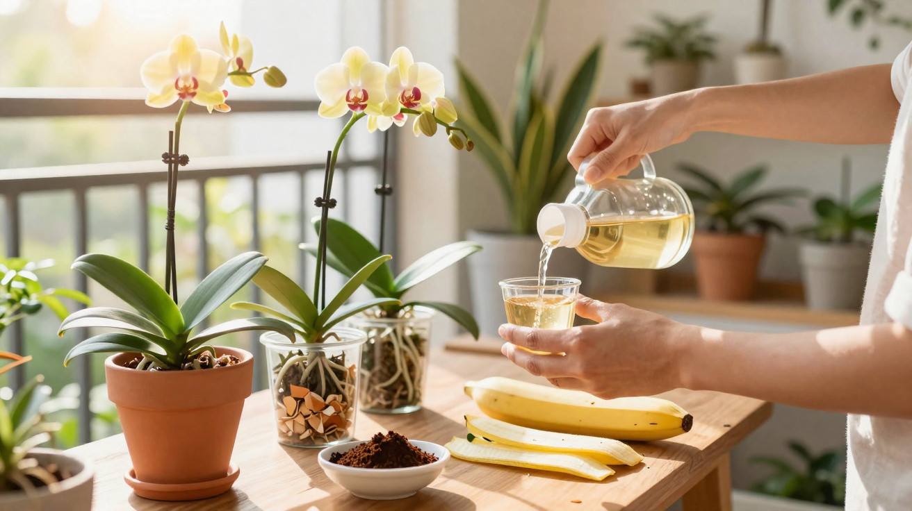 Mãos servindo chá em copo na mesa com bananas, orquídeas em vasos e luz natural no ambiente.