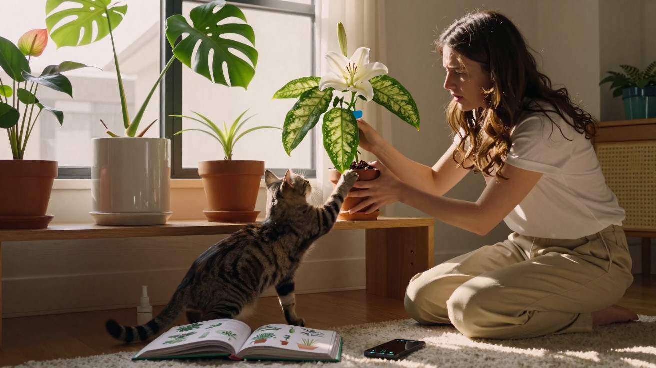 Mulher cuidando de plantas ao lado de gato curioso que toca flor branca em ambiente iluminado e acolhedor.