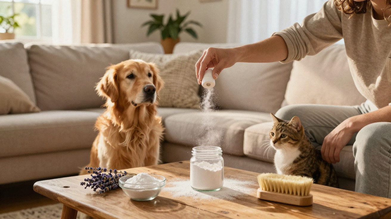 Pessoa pulverizando bicarbonato de sódio em pote sobre mesa com cachorro e gato observando em sala.