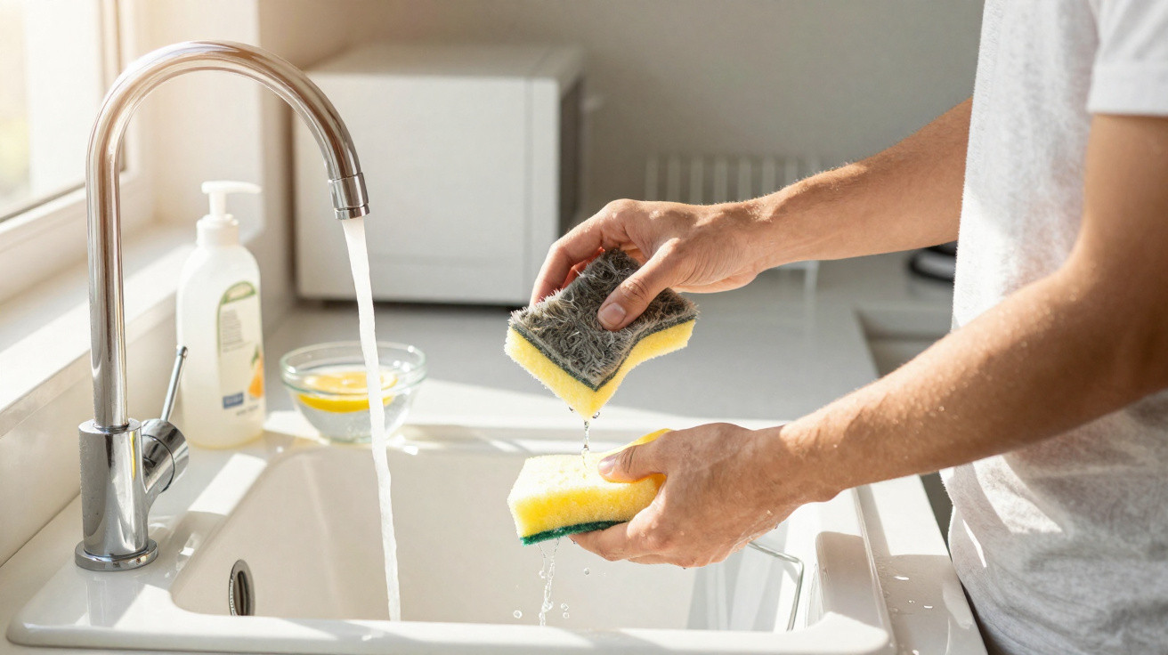 Pessoa lavando esponja na pia da cozinha com água corrente e detergente ao fundo.