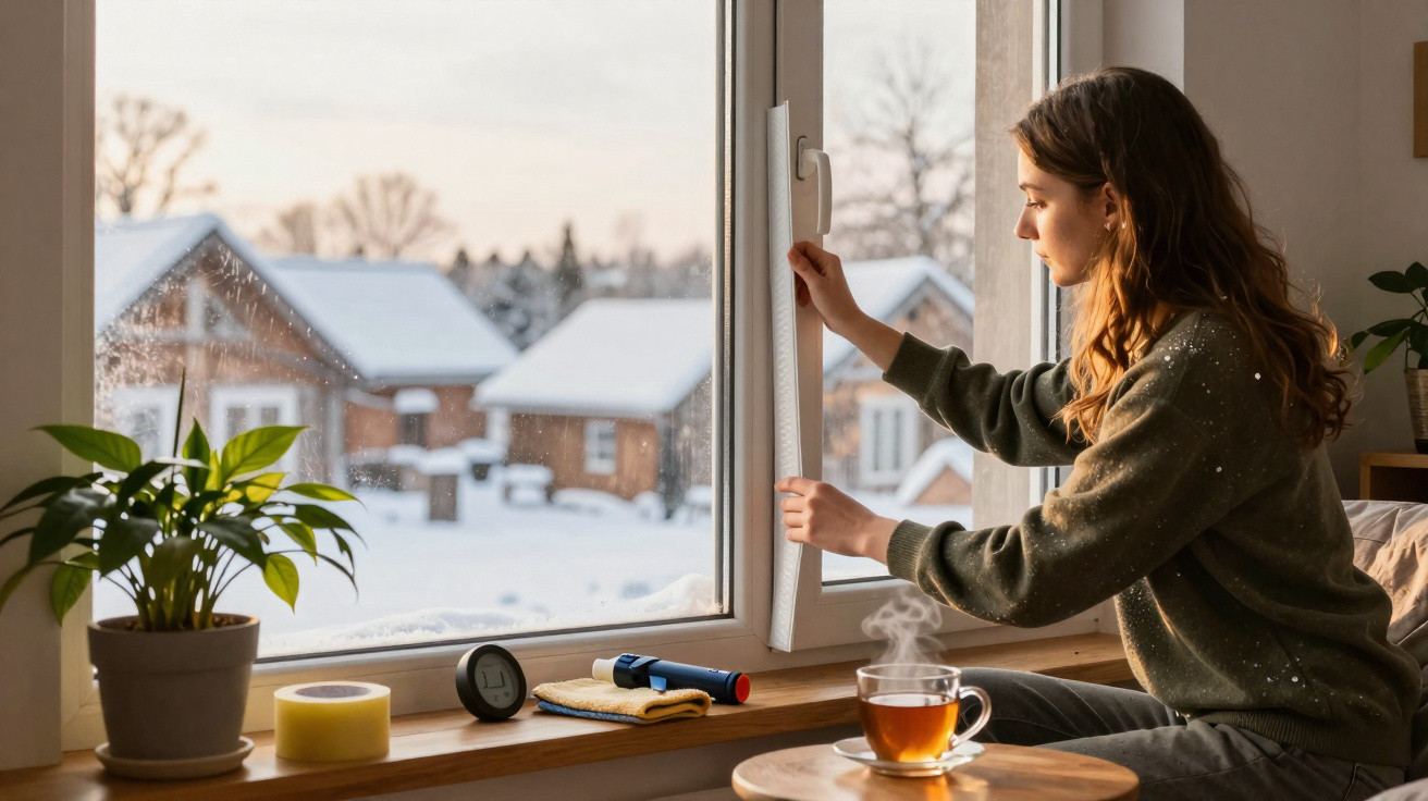 Mulher abrindo janela em casa com vista para paisagem nevada e xícara de chá quente na mesa.