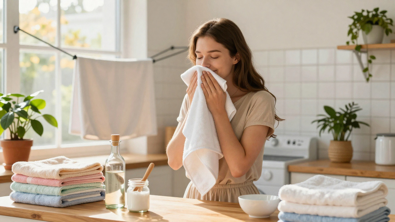 Mulher cheirando toalha branca em cozinha clara com pilhas de toalhas dobradas e plantas ao fundo.