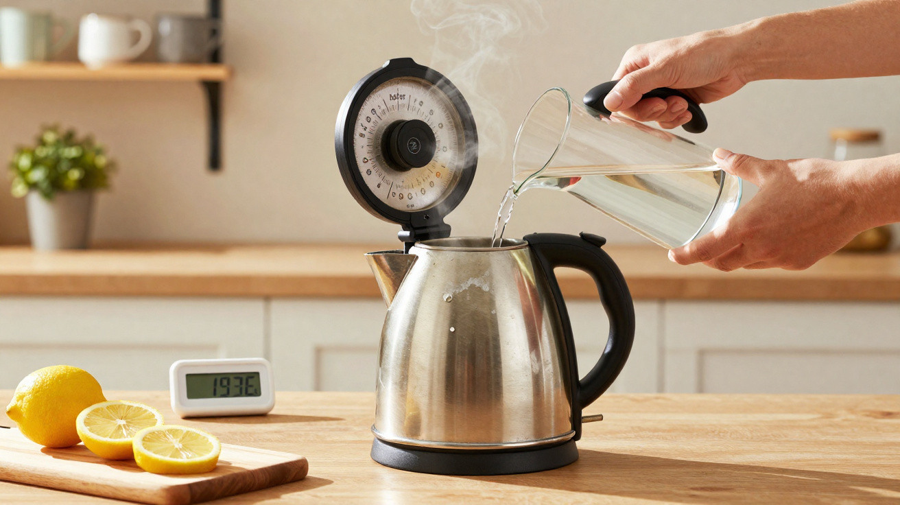 Pessoa despejando água quente em chaleira elétrica com vapor, limões fatiados e timer na bancada da cozinha.