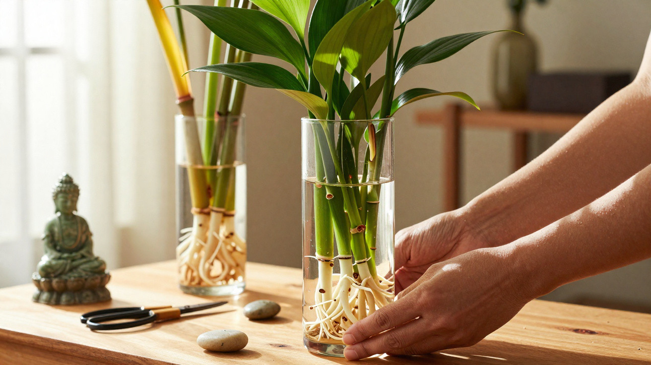 Pessoa cuidando de plantas em vaso de vidro com raízes expostas sobre mesa de madeira.