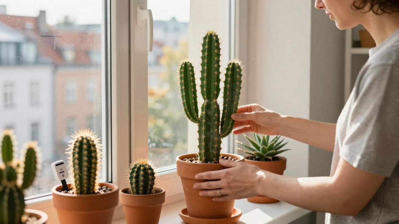 Pessoa cuidando de cactos em vasos na janela de um ambiente iluminado pela luz natural.