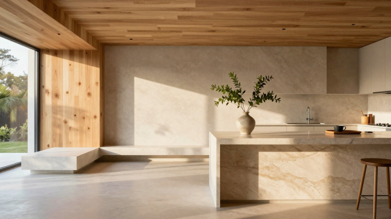 Cozinha moderna minimalista com bancada de mármore, vaso com folhagens e iluminação natural ampla.