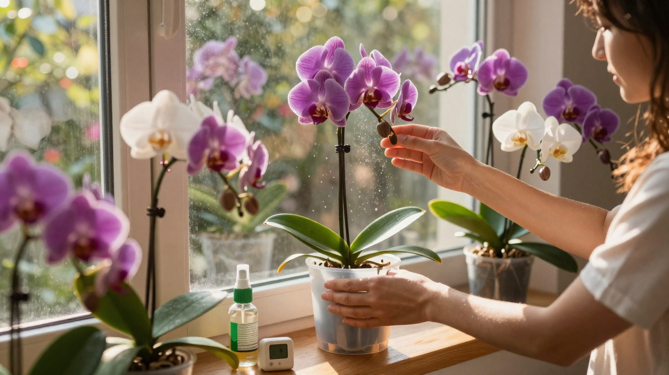 Pessoa cuidando de orquídea roxa em vaso perto da janela com outras orquídeas ao redor.