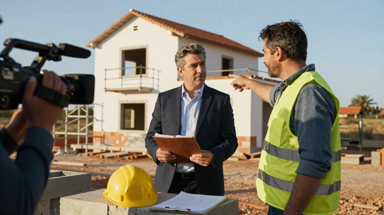 Engenheiro e empreiteiro discutem projeto em canteiro de obras de casa em construção, com câmera registrando.