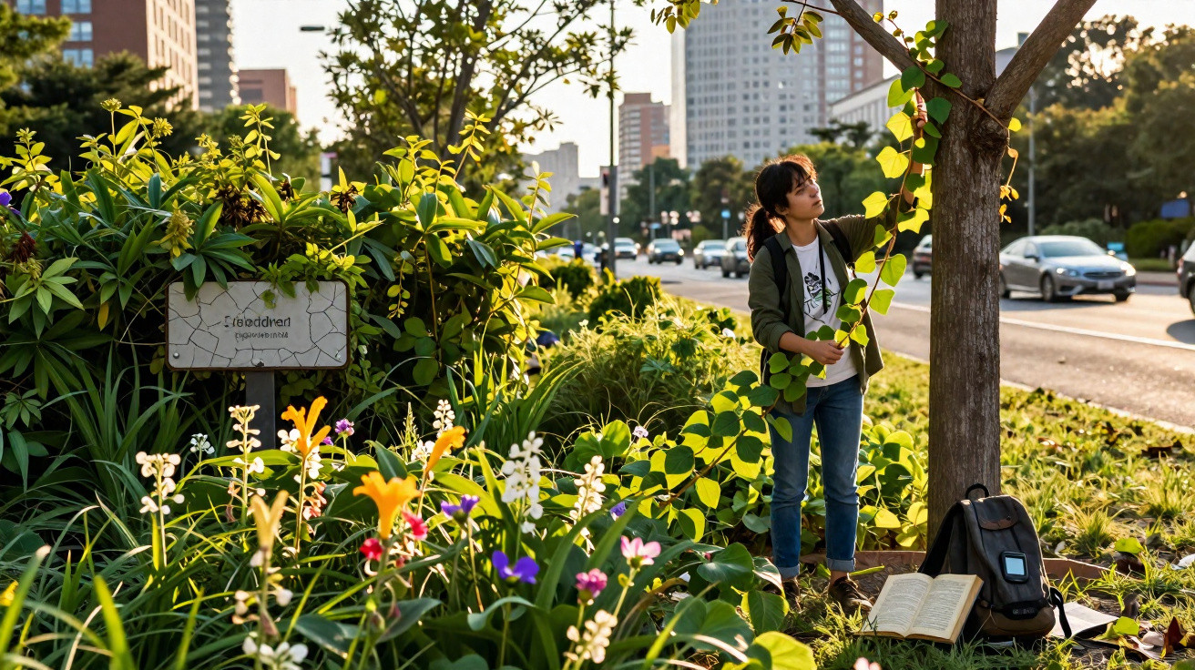 Menina observando folhas de árvore em jardim urbano com flores e prédios ao fundo ao entardecer.
