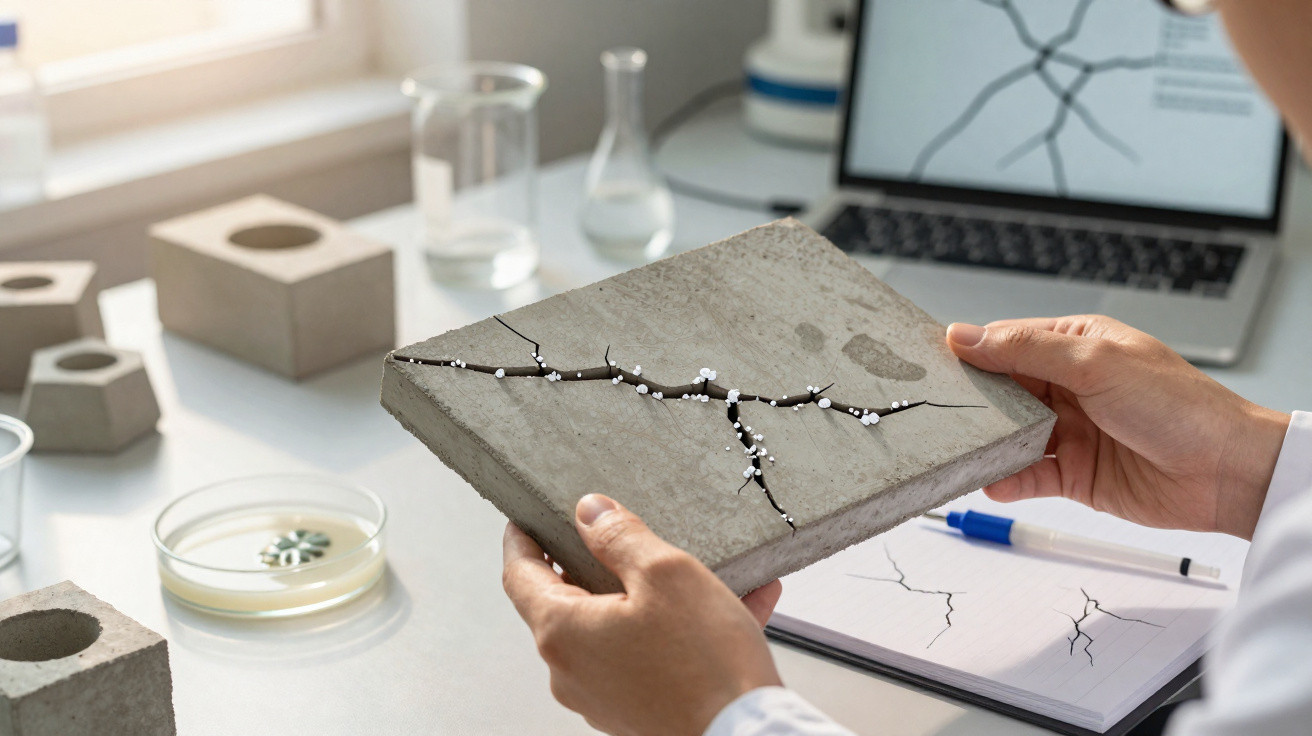 Pessoa segurando placa de concreto com fissuras e microcápsulas brancas em laboratório.
