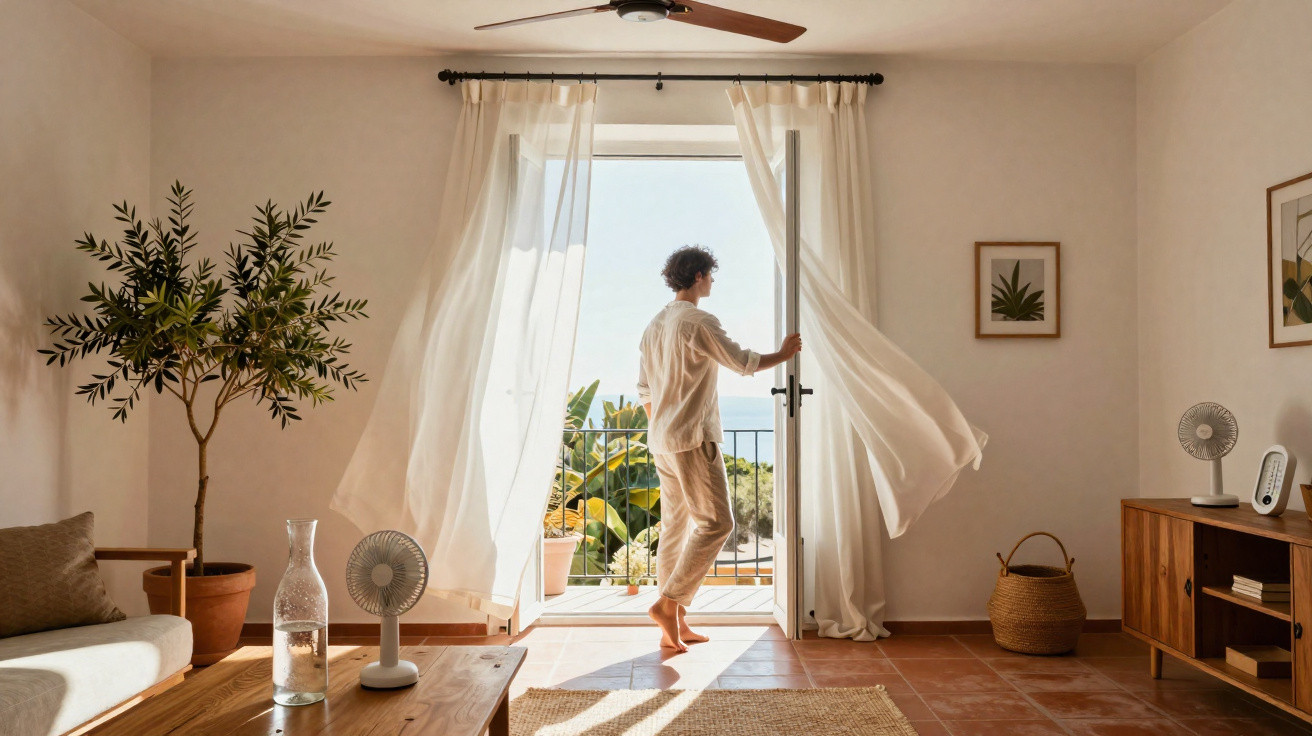 Pessoa abrindo porta de vidro para varanda em sala iluminada com cortinas esvoaçantes e planta.