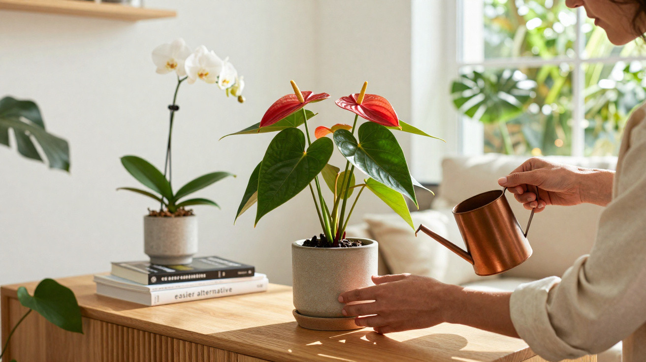 Pessoa regando planta com flores vermelhas em vaso sobre mesa de madeira próxima a janela iluminada.