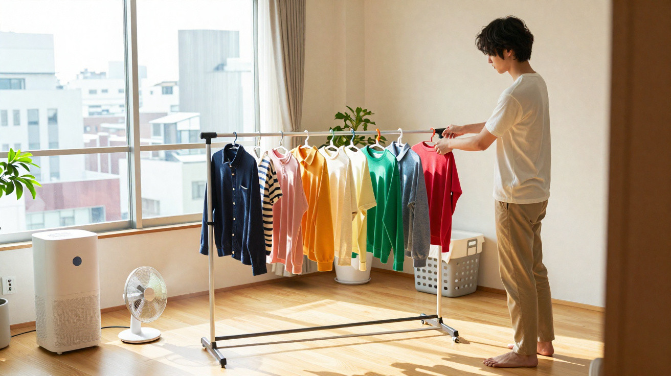 Pessoa organizando roupas coloridas penduradas em varal dentro de apartamento iluminado por luz natural.
