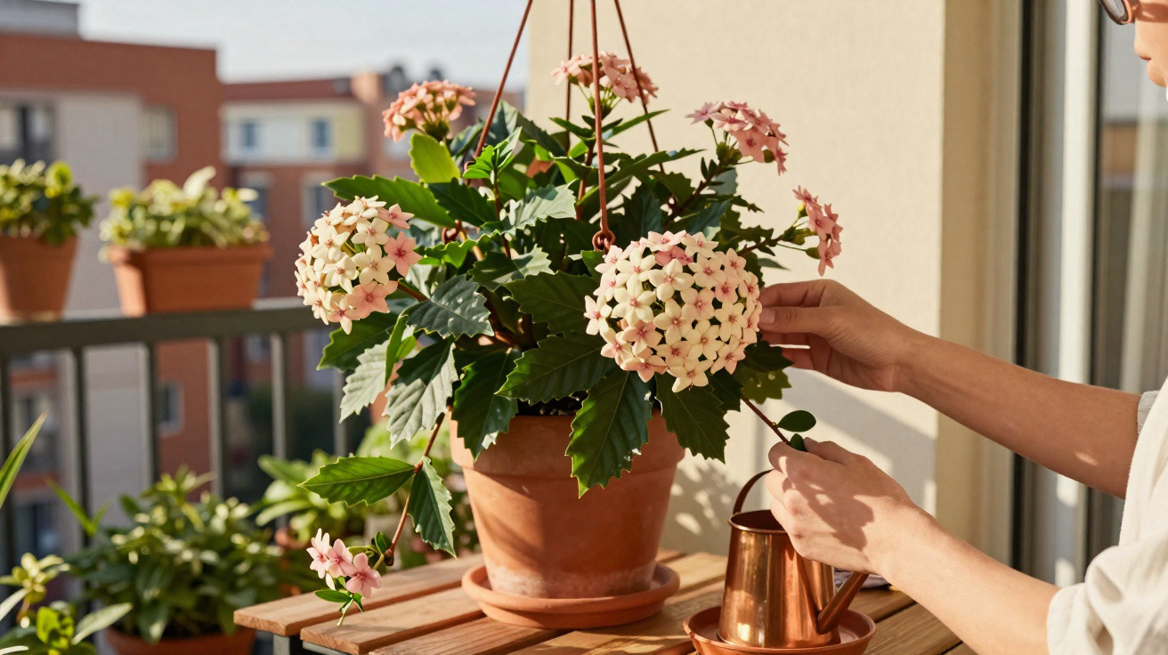 Pessoa cuidando de planta com flores floridas em vaso de barro pendurado em varanda ensolarada.