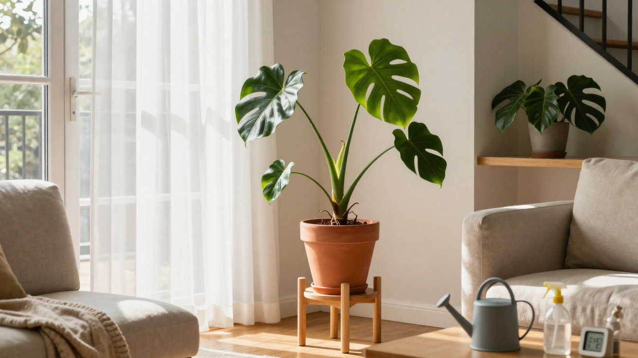 Planta verde em vaso de cerâmica sobre suporte de madeira em sala clara com sofá e janela.