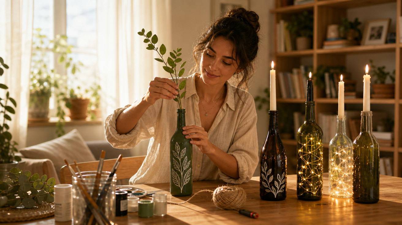 Mulher decorando garrafas com pinturas e luzes, arrumando um galho em um ambiente acolhedor.