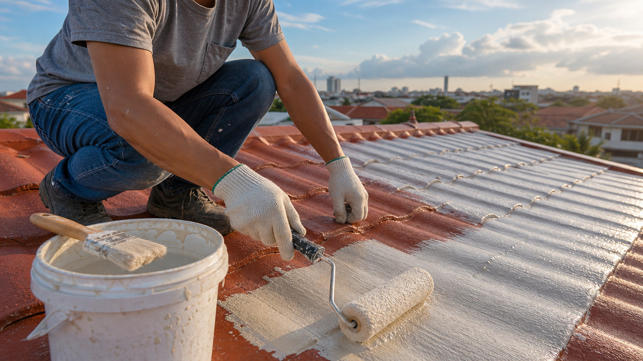 Homem pintando telhado de casa com rolo e tinta branca durante o dia.