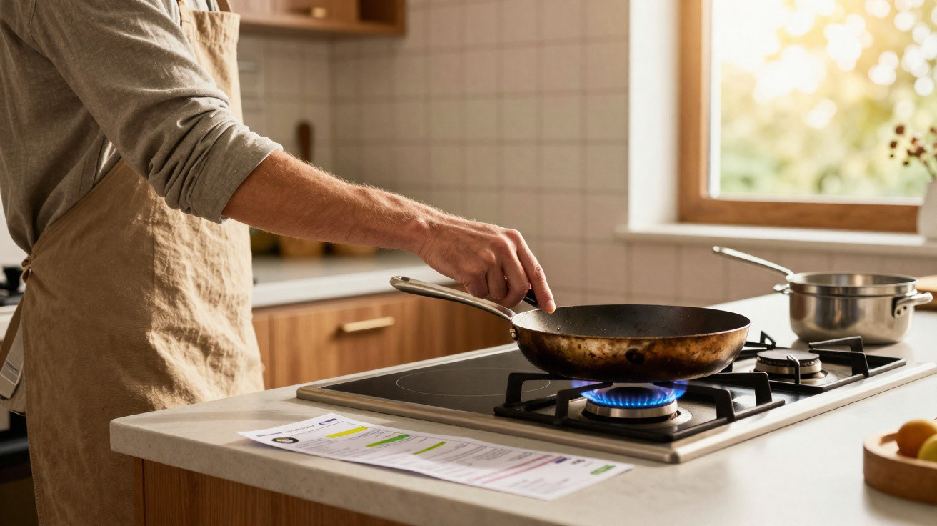 Pessoa temperando frigideira no fogão a gás em cozinha com luz natural pela janela.