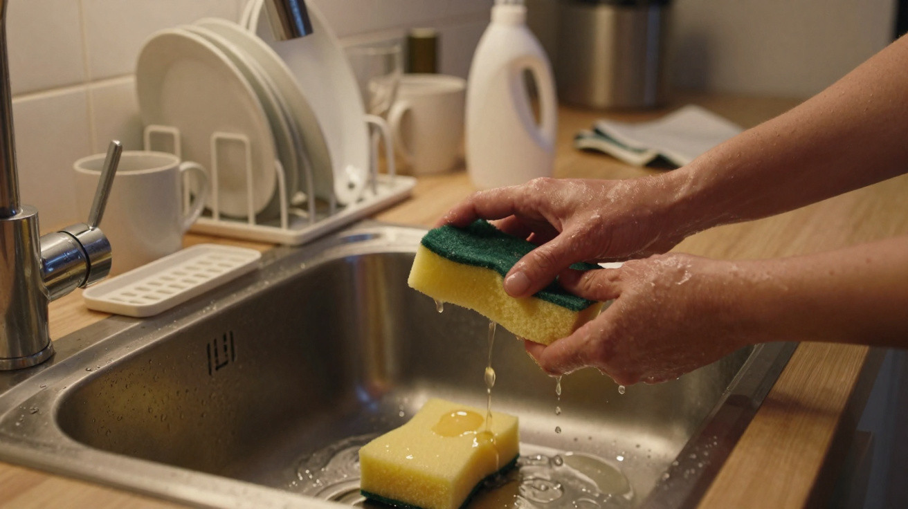 Mãos espremendo esponja molhada sobre pia de cozinha de inox com utensílios ao fundo.