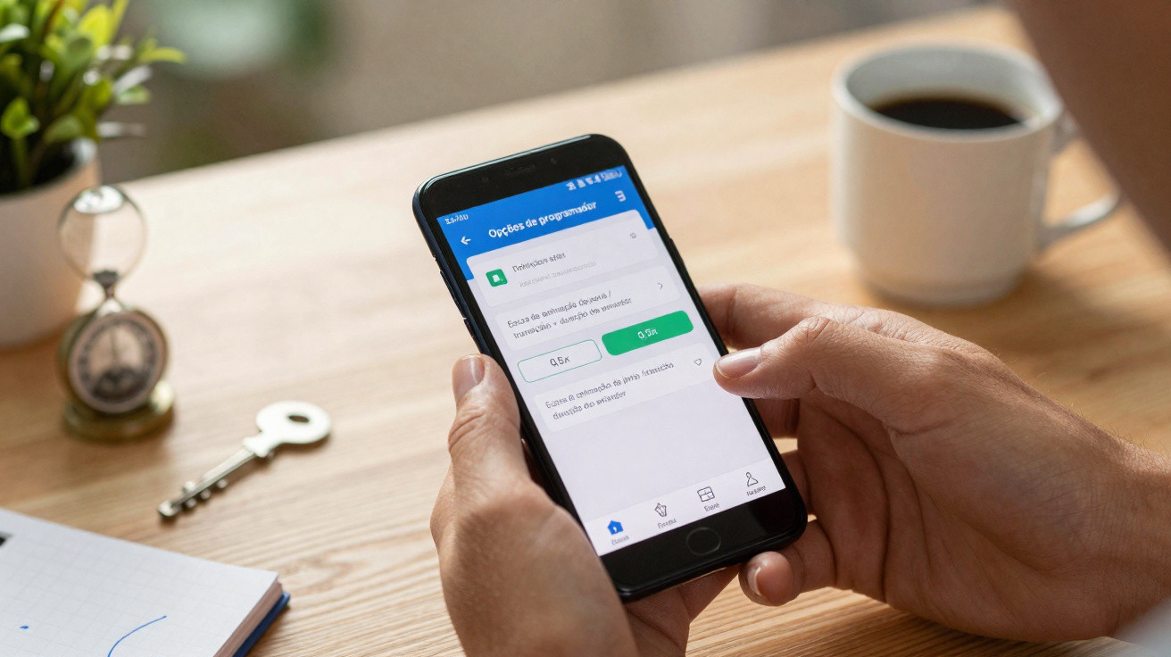 Pessoa segurando smartphone com tela de configurações aberto, em mesa com xícara de café, chave e relógio.