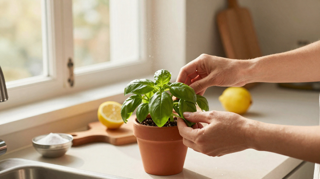 Mãos cuidando de planta de manjericão em vaso de barro na cozinha perto da janela com limão ao fundo.