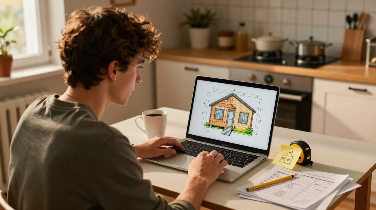 Jovem sentado à mesa, projetando planta de casa em notebook em cozinha bem iluminada.