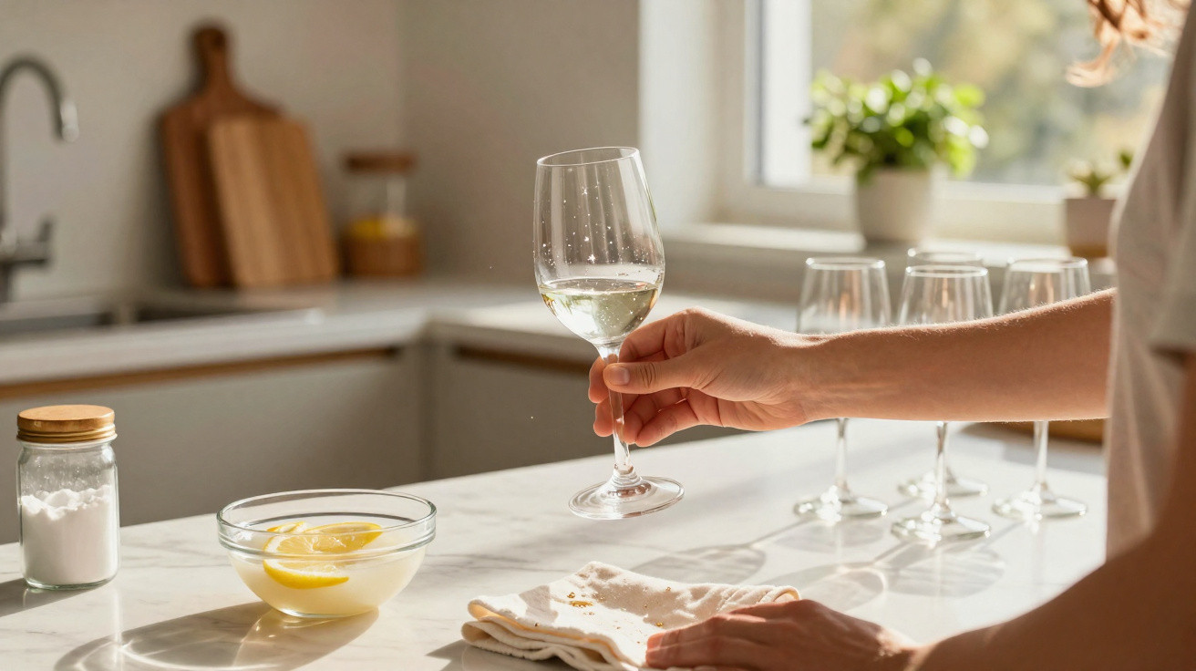 Pessoa segurando taça de vinho branco enquanto outra mão limpa a mesa da cozinha clara.