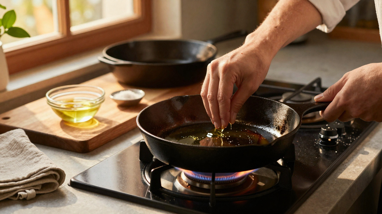 Mãos temperando carne em frigideira preta sobre fogão a gás em cozinha iluminada por janela.