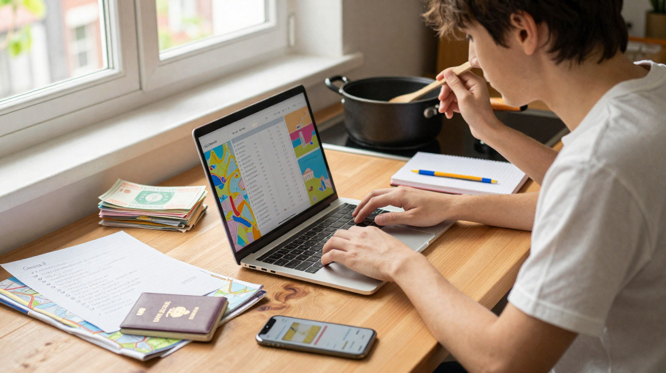 Pessoa jovem usando laptop em mesa de madeira com documentos, celular, caderno e panela ao fundo.