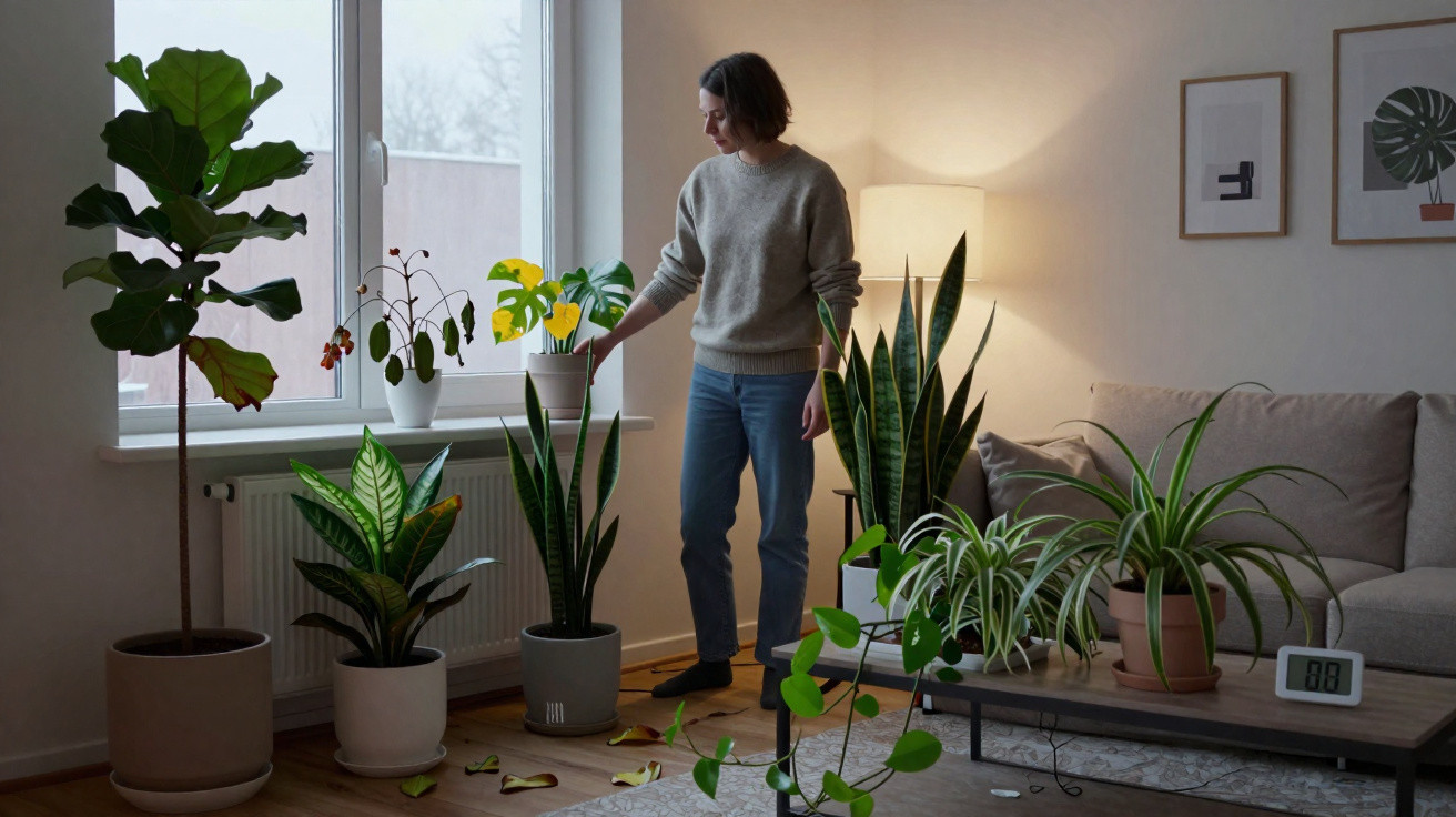 Pessoa regando plantas em vasos na sala de estar ao lado de janela, com sofá e luminária ao fundo.