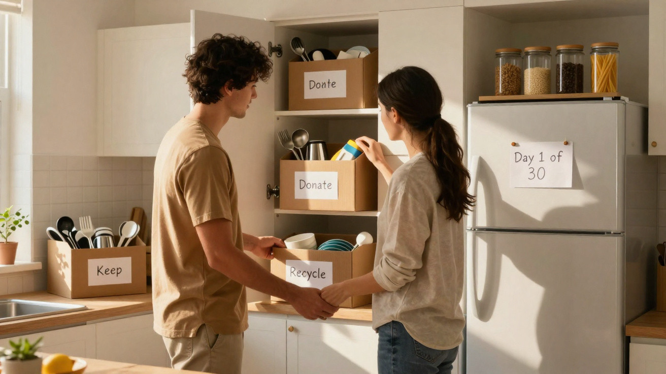 Casal organizando utensílios na cozinha em caixas etiquetadas para doação, reciclagem e manter.