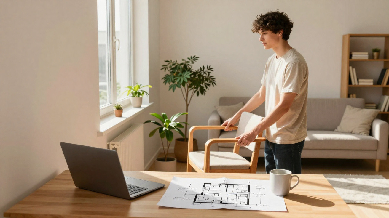 Jovem segurando cadeira perto de planta, mesa com laptop, planta e planta baixa em ambiente iluminado.