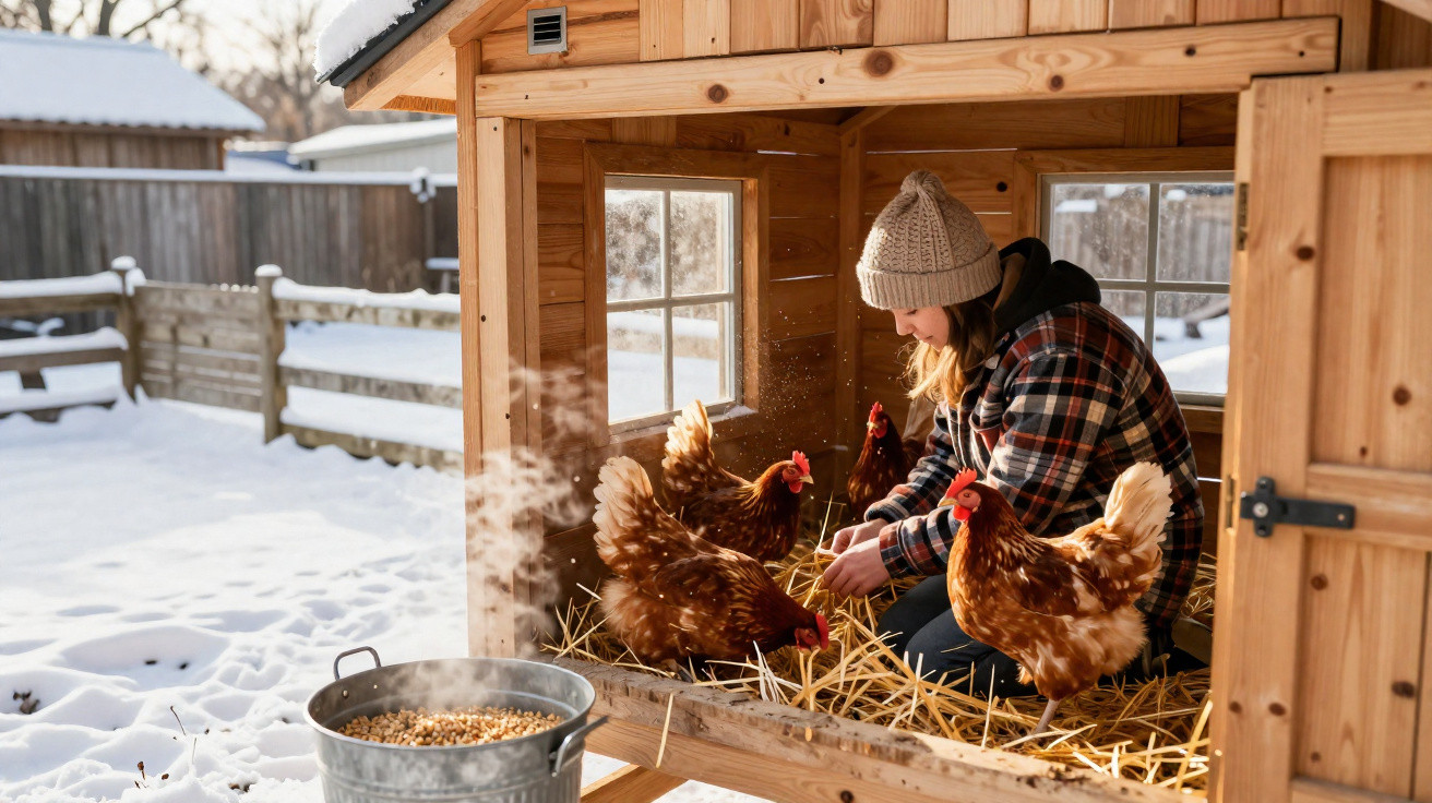 Mulher alimentando galinhas dentro de um galinheiro de madeira em dia de neve.